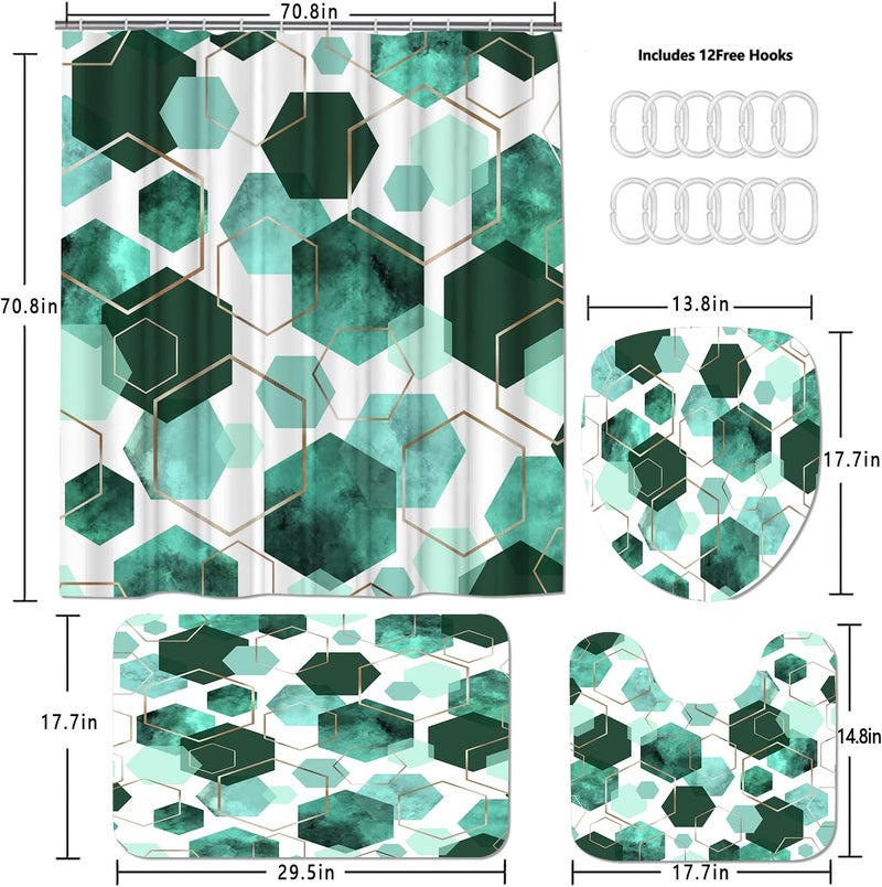 LQCOOL 4Pcs Indigo Shower Curtain Set Marble Grain Geometric Bathroom Set Fresh Turquoise Abstract Bathroom Curtain Set with 12 Hooks Carpet Bath Mat and Toilet Rugs - Image 4